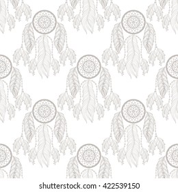Hand drawn tribal Dream catcher seamless pattern for adult coloring pages, zentangle post card, t-shirt print, Boho style. Isolated illustration in doodle, henna tattoo design.