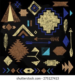 Hand drawn tribal elements set on black background