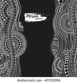 Hand drawn tribal ethnic pattern. Doodle black and white background with doodles, flowers and mandalas. Vector ethnic pattern can be used for wallpaper, pattern fills, covers and books. 