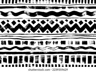 Hand drawn tribal and ethnic seamless pattern. Vector tribal design monochrome background with horizontal stripes, zig zag and wavy lines, dashes and squares. Aztec abstract geometric ornament.