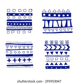 Hand drawn tribal geometric pattern elements in blue color. Vector illustration eps8