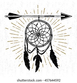 Hand drawn tribal icon with a textured dream catcher vector illustration.