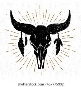 Hand drawn tribal icon with a textured buffalo skull vector illustration.