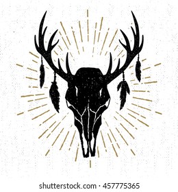 Hand drawn tribal icon with a textured deer skull vector illustration.