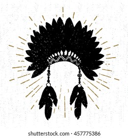 Hand drawn tribal icon with a textured headdress vector illustration.