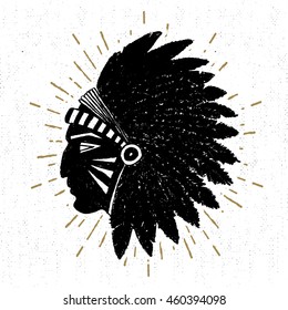 Hand drawn tribal icon with a textured American indian chief vector illustration.