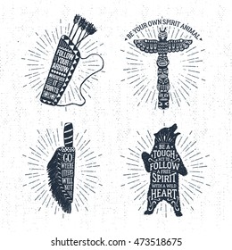 Hand drawn tribal labels set with quiver, totem pole, knife, and grizzly bear vector illustrations and inspirational lettering.