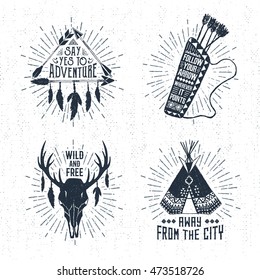 Hand drawn tribal labels set with arrows, quiver, skull, and teepee vector illustrations and inspirational lettering.