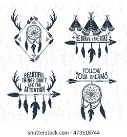 Hand drawn tribal labels set with arrows, teepees, dream catcher, and horns vector illustrations and inspirational lettering.