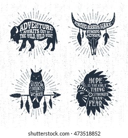 Hand drawn tribal labels set with buffalo, skull, owl, and headdress vector illustrations and inspirational lettering.