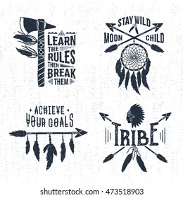 Hand drawn tribal labels set with tomahawk, dream catcher, arrows, and feathers vector illustrations and inspirational lettering.