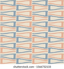 Hand drawn tribal light blue and blush pink open triangles in geometric weave design. Vector seamless pattern on cream background. Great for wellness products, fabric, packaging, stationery, texture