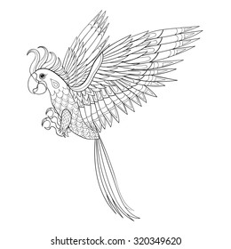 Hand drawn tribal Parrot, bird totem for adult Coloring Page in zentangle style , illustration with high details isolated on white background. Vector monochrome sketch. Bird collection.