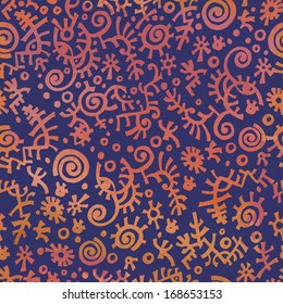Hand drawn tribal pattern in bright violet and orange. Abstract endless folkloric background