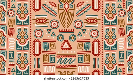 Hand drawn tribal pattern, Vector doodle african ethnic, Seamless drawing pictogram aztec. Good for textile fashion print and wrapping. Illustration design with colorful boho decoration.