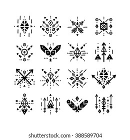 Hand drawn tribal patterns with line, arrow, feathers, decorative elements, geometric symbols Aztec style. Boho logo, hipster shapes