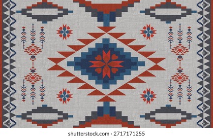Handgezeichnetes Tribal Teppich Muster - Geometric Navajo Style Textile Design in Rot und Blau
Handgezeichnetes Teppichmuster, inspiriert von Navajo und ethnisch gewebten Textilien. Dieses geometrische Design verfügt über rot, bl