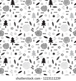 Hand drawn tribal seamless pattern with forest elements. Abstract geometric art print. Scandinavian style background. Vector illustration