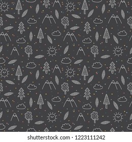 Hand drawn tribal seamless pattern with trees and mountains. Creative scandinavian woodland background. Abstract geometric art print. Vector illustration