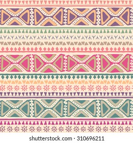 Hand drawn tribal seamless pattern with geometric ornament. Muted colorful palette. Every border ornament also possible use separately as an endless border.