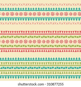 Hand drawn tribal seamless pattern with geometric ornament (triangles, archaic sun symbol, runes). Fresh ethnic colors. Every border ornament also possible use separately as an endless border.