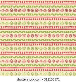Hand drawn tribal seamless pattern with geometric ornament (triangles and archaic symbol of the sun). Fresh ethnic colors (red, green). 