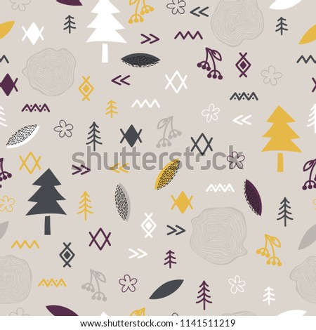 Hand drawn tribal seamless pattern with forest elements. Scandinavian style background. Abstract geometric art print. Vector illustration