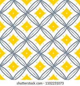 Hand drawn tribal seamless repeating vector pattern. Yellow diamond and black line illustration on white background. Design for print, fabri, invitation, card and backdrop.