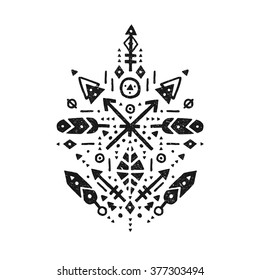 Hand drawn tribal sign with arrow, feathers and geometric symbols ethnic, aztec style. Flash Tattoo isolated on white background