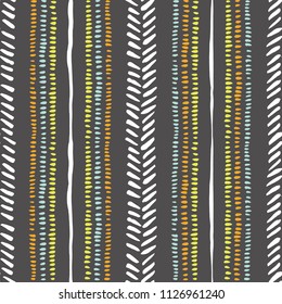 Hand drawn tribal stripes, stitches on dark grey background vector seamless pattern. Fresh abstract geometric drawing