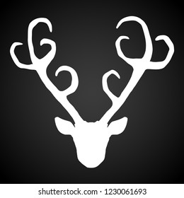 Hand drawn tribal style deer head silhouette. Magic vintage vector illustration in white over black. Spiritual art, yoga, boho style, nature and wilderness. T-shirts and tattoo design.