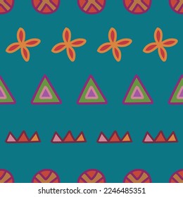 Hand drawn Tribal style elements lined up. Seamless Pattern on blue background. For textile, packaging, DIY projects.
