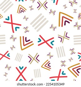 Hand drawn Tribal style elements Seamless Pattern on white background. For textile, packaging, DIY projects.
