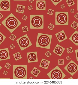 Hand drawn Tribal style gold square and circle shape elements seamless pattern on red background. For textile, packaging, DIY projects.