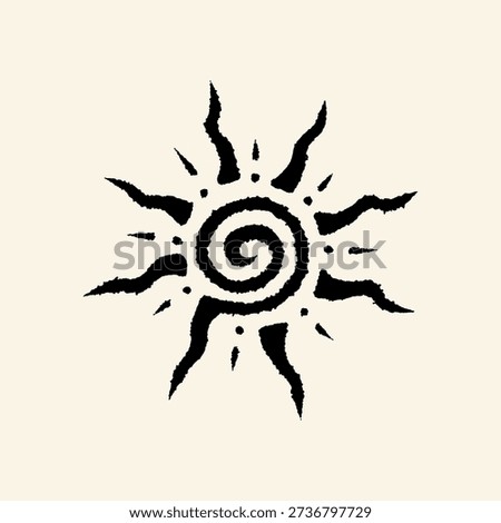 Hand drawn tribal sun symbol with spiral center and rough ink edges on neutral background. Minimalist decorative design suitable for tattoo, logo, or cultural themed artwork.

