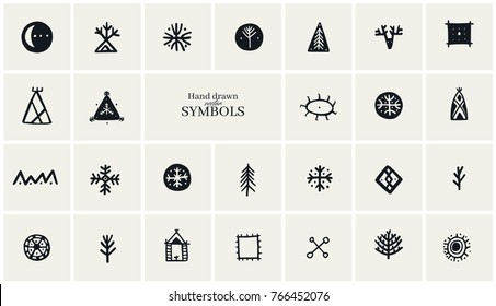 Hand drawn tribal symbols collection for logo Design.