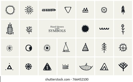 Hand drawn tribal symbols collection for logo Design.