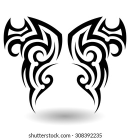 Hand Drawn Tribal Tattoo in Wings Shape. Elegant Smooth Design Over White Background. Vector Illustration.