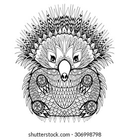 Hand drawn Tribal Totem Echidna, Australian animal illustration for anti stress adult Coloring Page with high details isolated on white background, in zentangle style. Vector monochrome sketch.