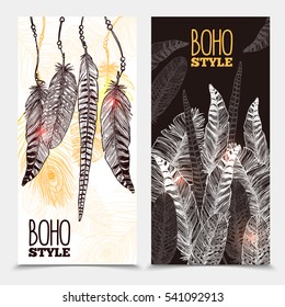 Hand drawn tribal vertical banners with bird feathers of different shapes in boho style vector illustration