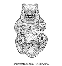 Hand drawn tribal Wombat, animal totem for adult Coloring Page in zentangle style , illustration with high details isolated on white background. Vector monochrome sketch.