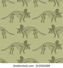 Hand drawn Triceratops dinosaur seamless vector pattern. Gender Neutral Jurassic silhouette for baby nursery. Home decor for museum, extinction and textile design.