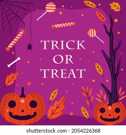 hand drawn trick or treat halloween with pumpkin, candy, tree and cobweb. vector illustration