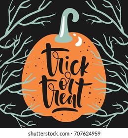 Hand drawn "Trick or treat" Halloween card with pumpkin.