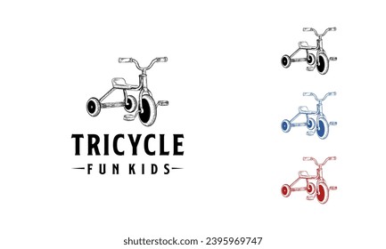 Plantilla de logotipo de triciclo dibujado a mano, ilustración infantil de triciclo divertido