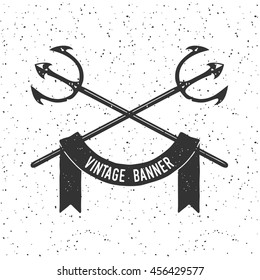 Crachá tridente desenhado à mão e logotipo com fundo grunge. Elemento de projeto do tridente. 