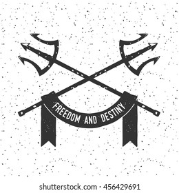 Hand drawn trident badge and logo with grunge background. Trident design element. 