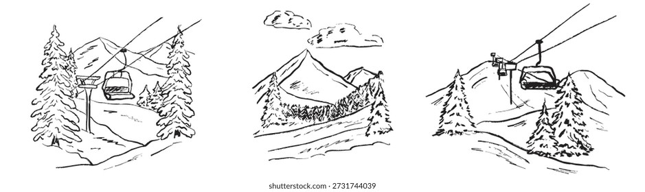 Hand drawn triptych of winter mountain scenes with ski lifts, pine trees, and snowy peaks. Vector sketch illustration in vintage crayon charcoal style. Winter sports, skiing, snowboarding