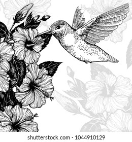 Hand drawn tropcal card with hibiscus flowers and hummingbird. Template design.