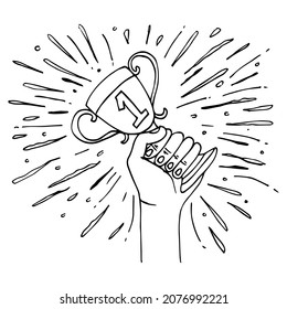Hand drawn trophy cup shine doodle with hand in doodle style. vector